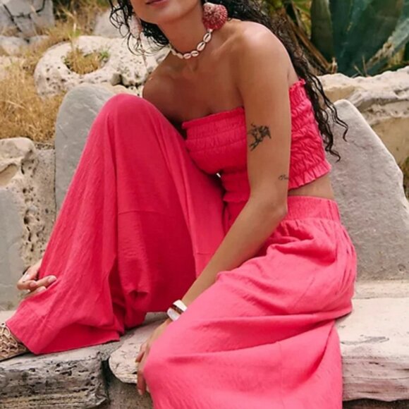 Free People Solange Set Ruffle Pull-On Wide-Leg Smocked Top & Pants S - Picture 1 of 8